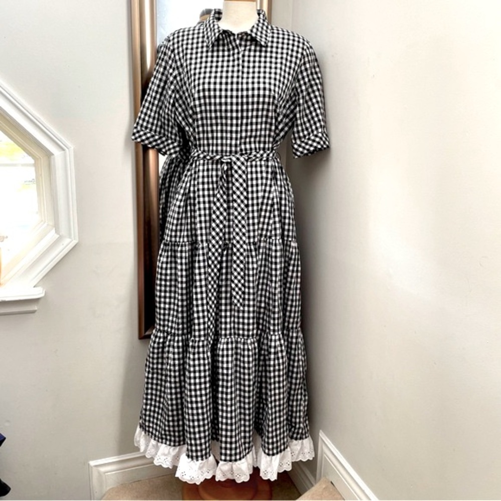 NWOT Calvin Klein black and white gingham tiered maxi  dress.